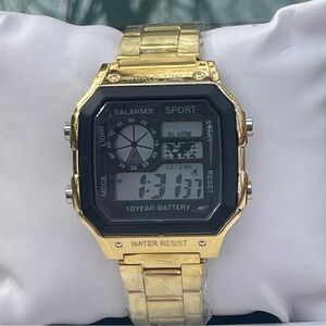 Mens Gold Digital Sport Watch LEDSquare Face World Time 5 Alarm Water Resistant